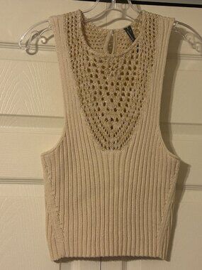 ANTHROPOLOGIE Sz S Ivory w/ Metallic Thread Sleeveless Ribbed Sweater Tank Top